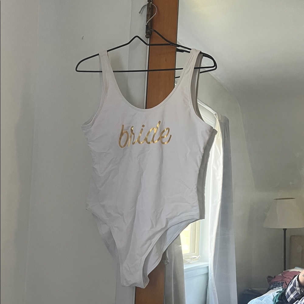 White Bride Swimsuit with Gold Lettering